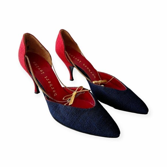 Vintage Herbert Levine Red & Navy D'Orsey Pumps with Gold Chain & bow trim, 7.5B - Picture 3 of 16